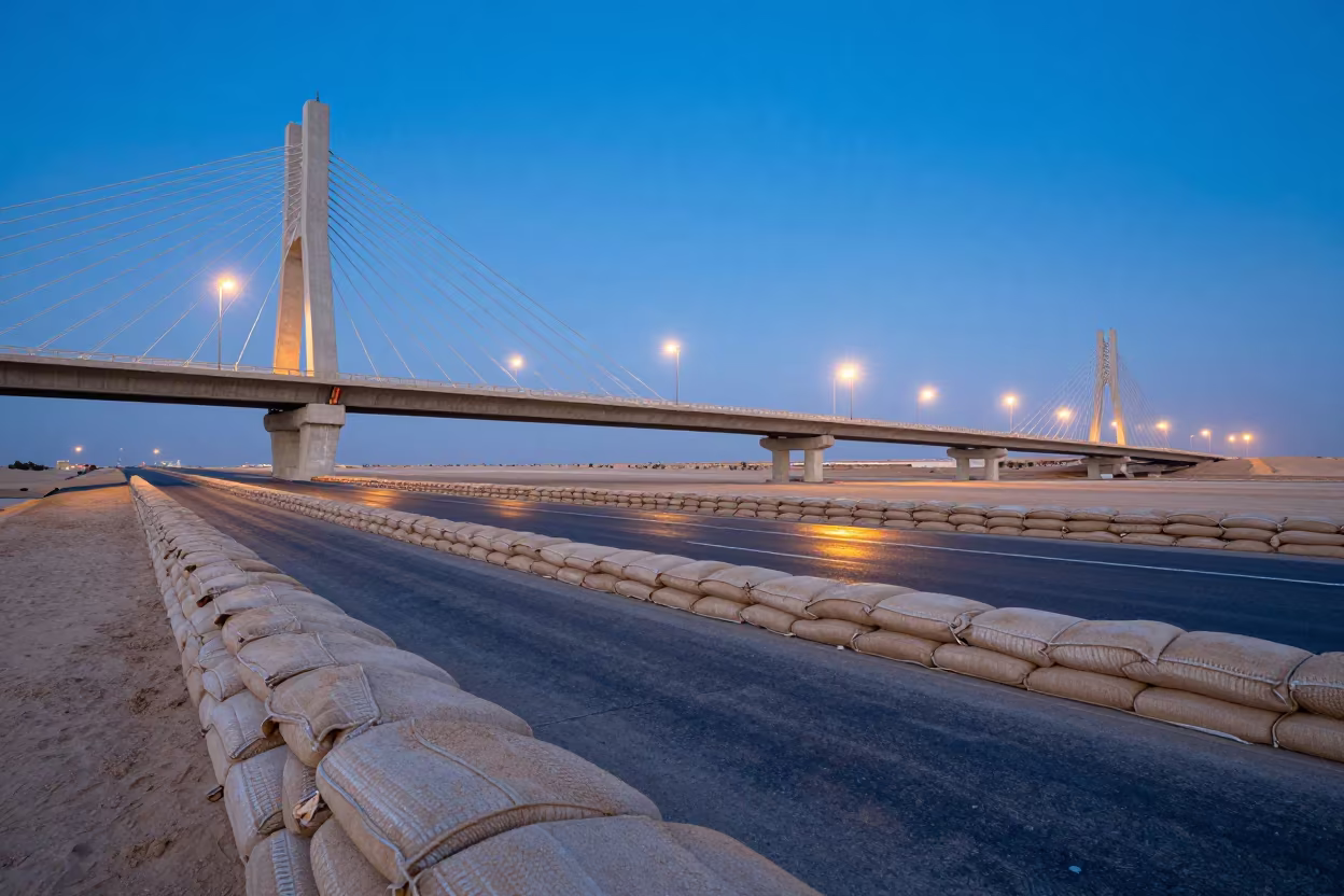 Twilight levee road with sandbags under bridge in under a cable-stayed bridge span near Salalah