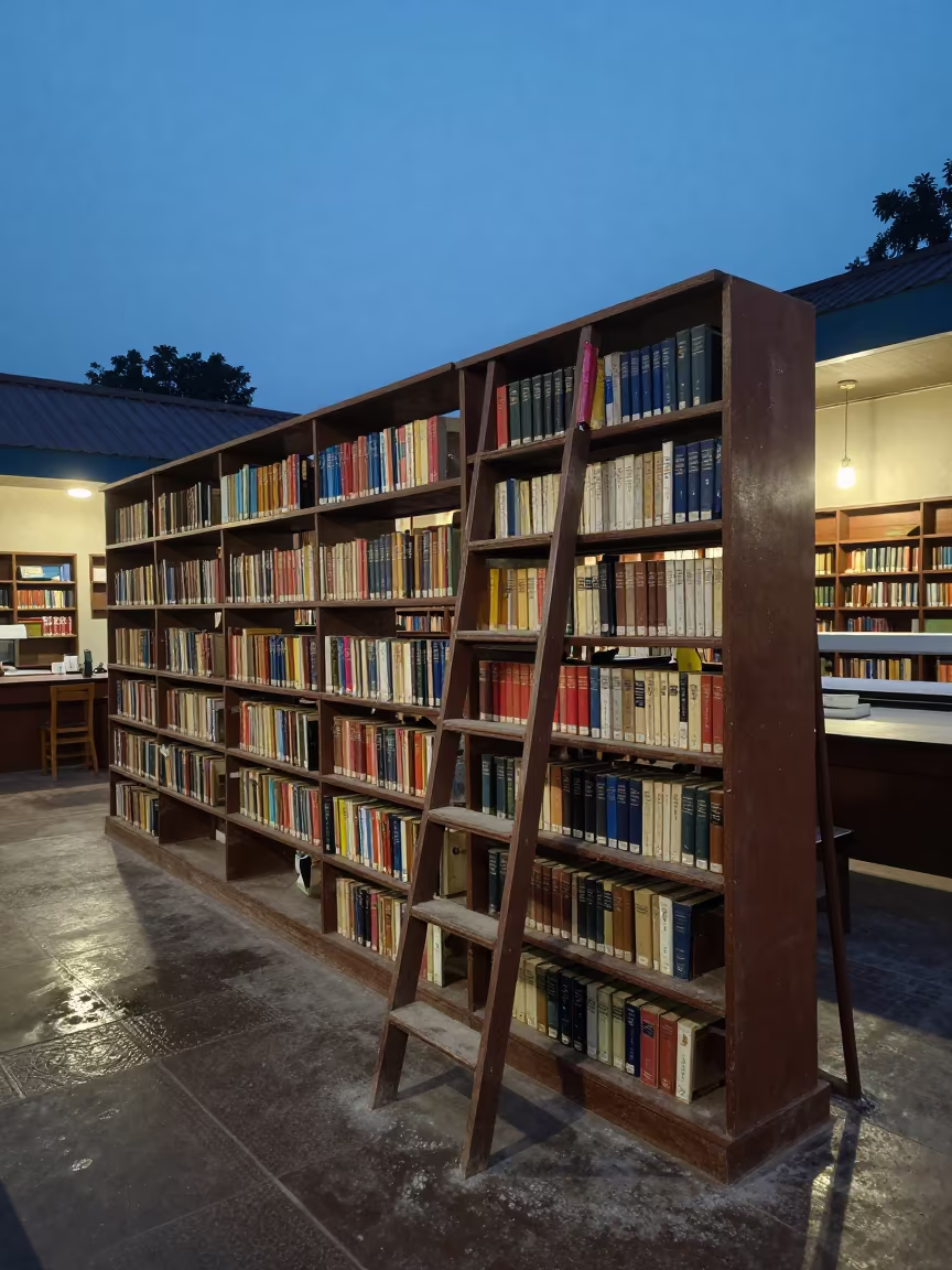 Twilight Library Ladder Beside Encyclopedias in in a school laboratory near Nagpur