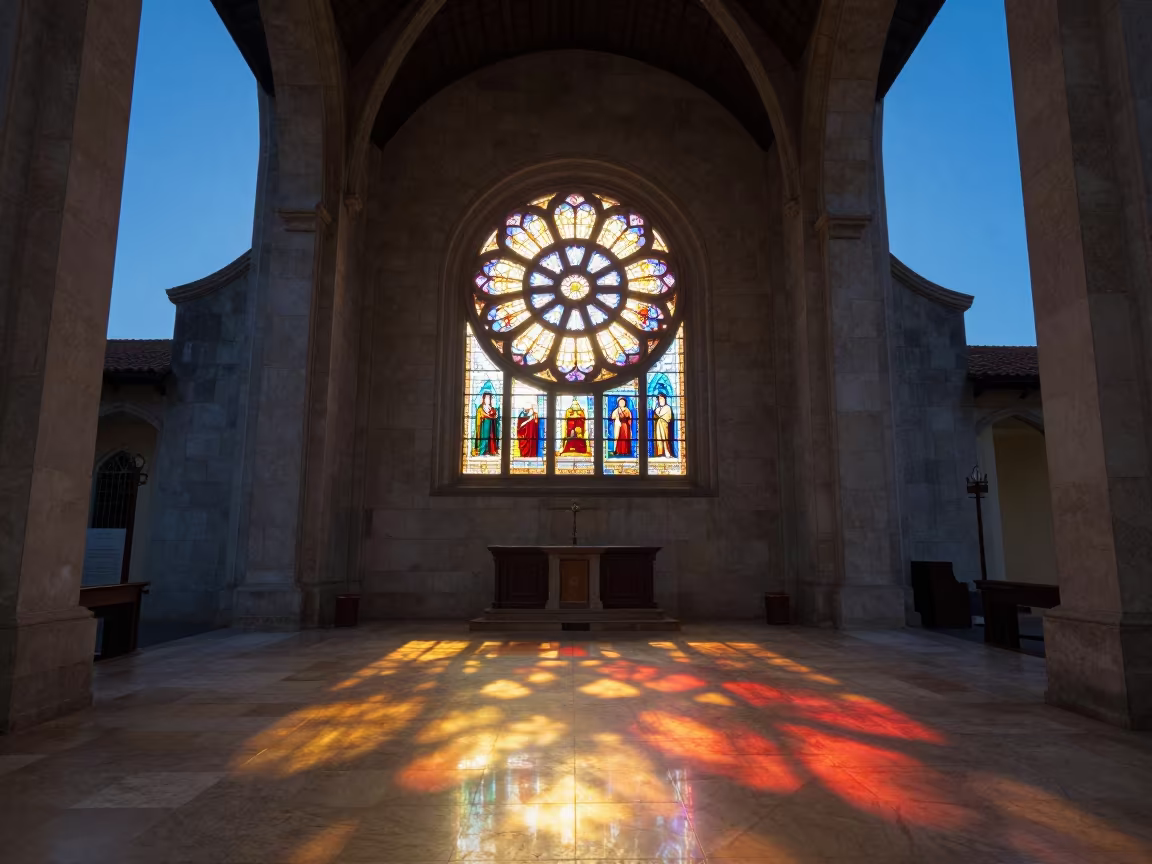Twilight Light Through Cathedral Rose Window in in a chapel lit by stained glass in Goiania