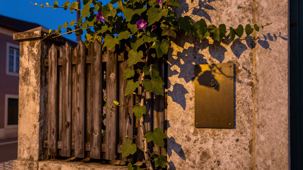 Twilight Lisbon Street Scene with Brass Hardware and Morning Glory Fence in in Lisbon, Portugal