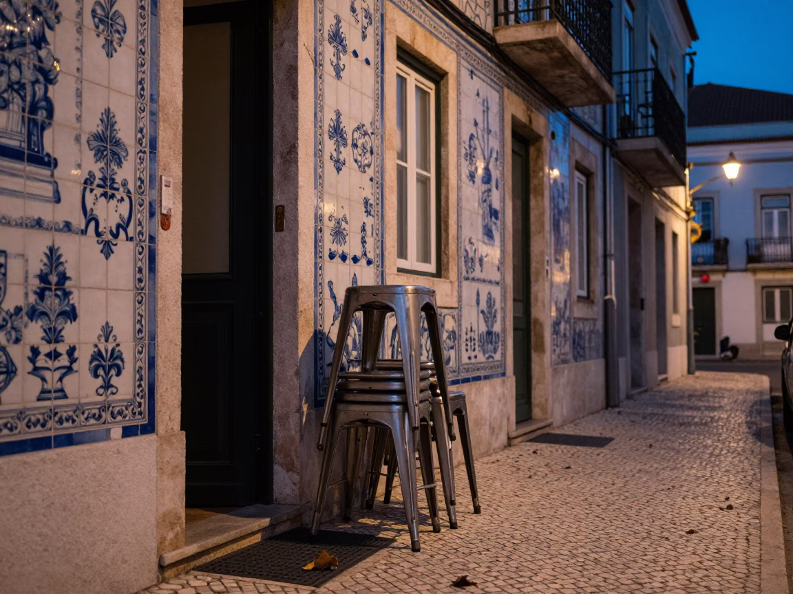 Twilight Lisbon Street Scene with Metal Stools and Leaf Shadows in in Lisbon, Portugal