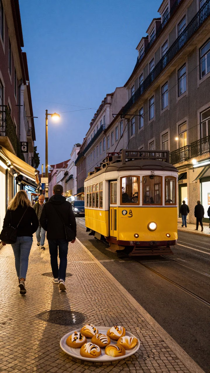 Twilight Lisbon Street Scene with Tram and Traditional Pastries in in Lisbon, Portugal