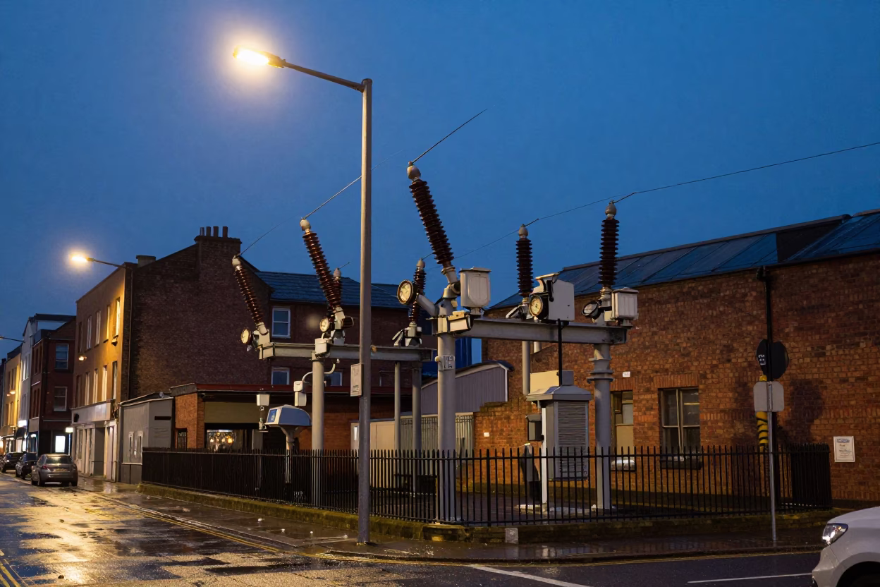 Twilight Liverpool Street Scene with Substation Insulators Sparkling Under Floodlights in in Liverpool, United Kingdom