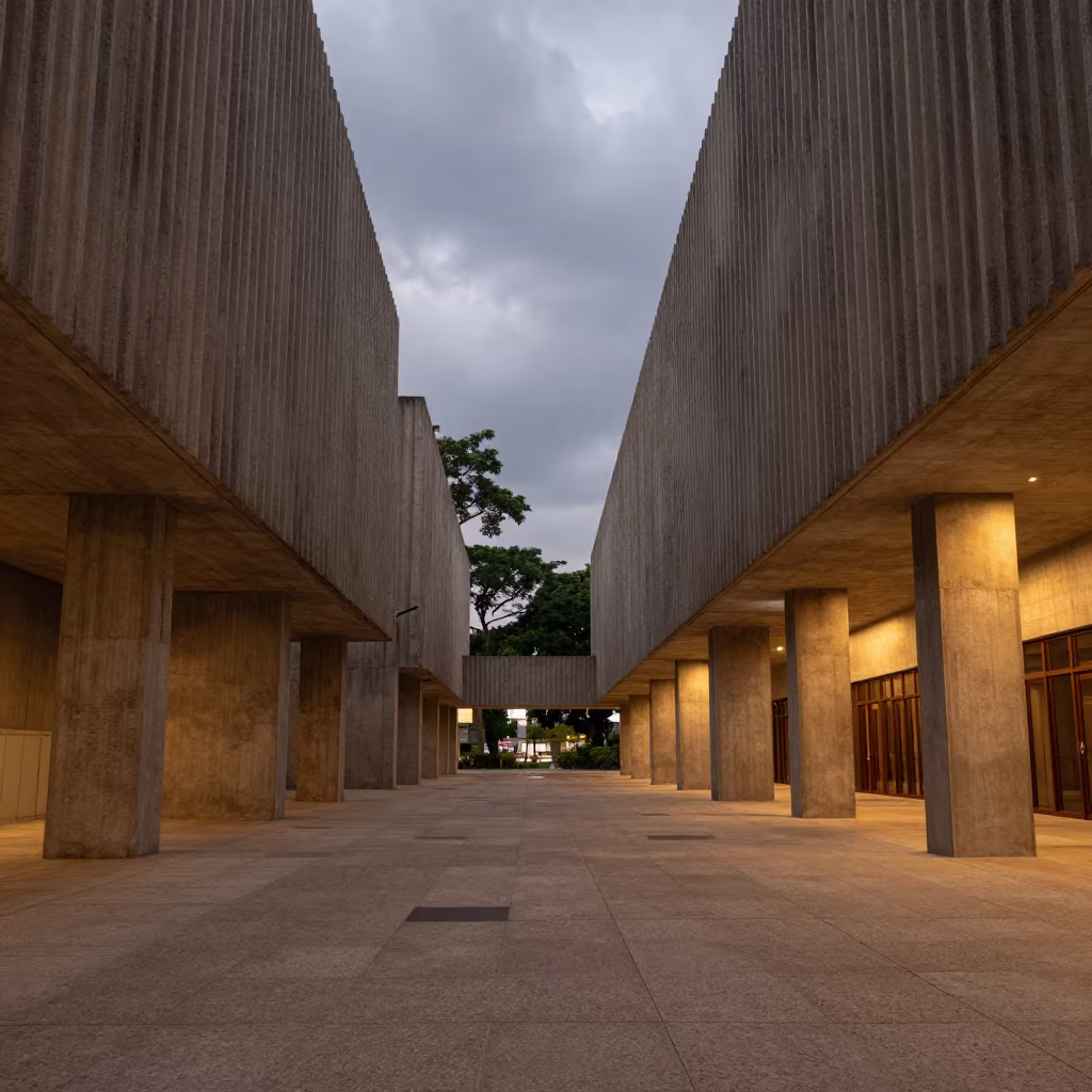Twilight Lobby of Kuala Lumpur Court Building in inside a ribbed concrete lobby near Chinatown, Kuala Lumpur