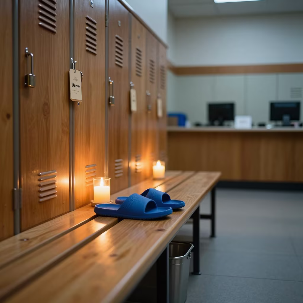 Twilight Locker Bench With Sandals and Towel Bins in at a gym check-in desk near Raleigh