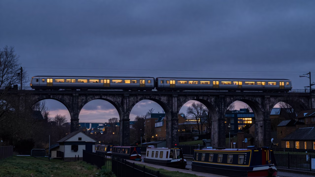 Twilight London Railway Viaduct with Passing Train and Narrowboat in in London, United Kingdom