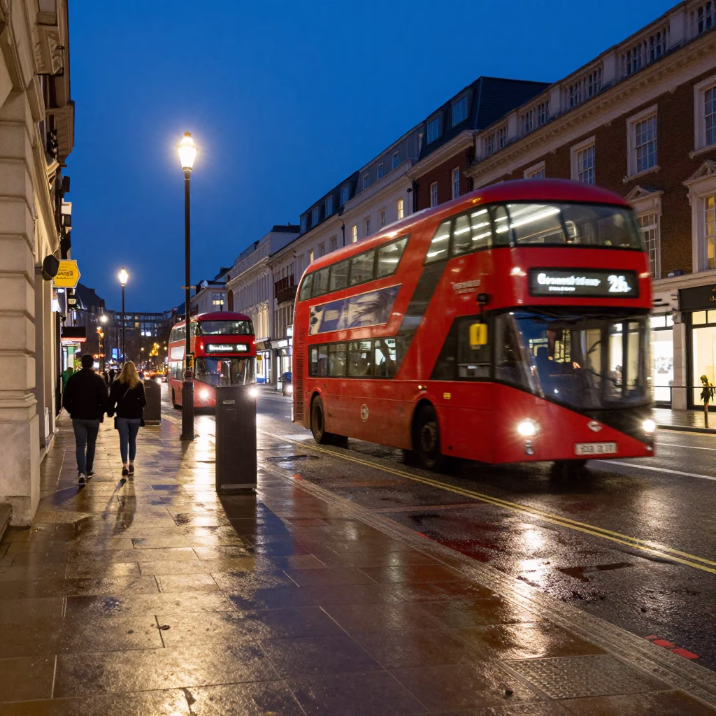 Twilight London Street Corner with Red Bus and Woven Baskets in in London, United Kingdom