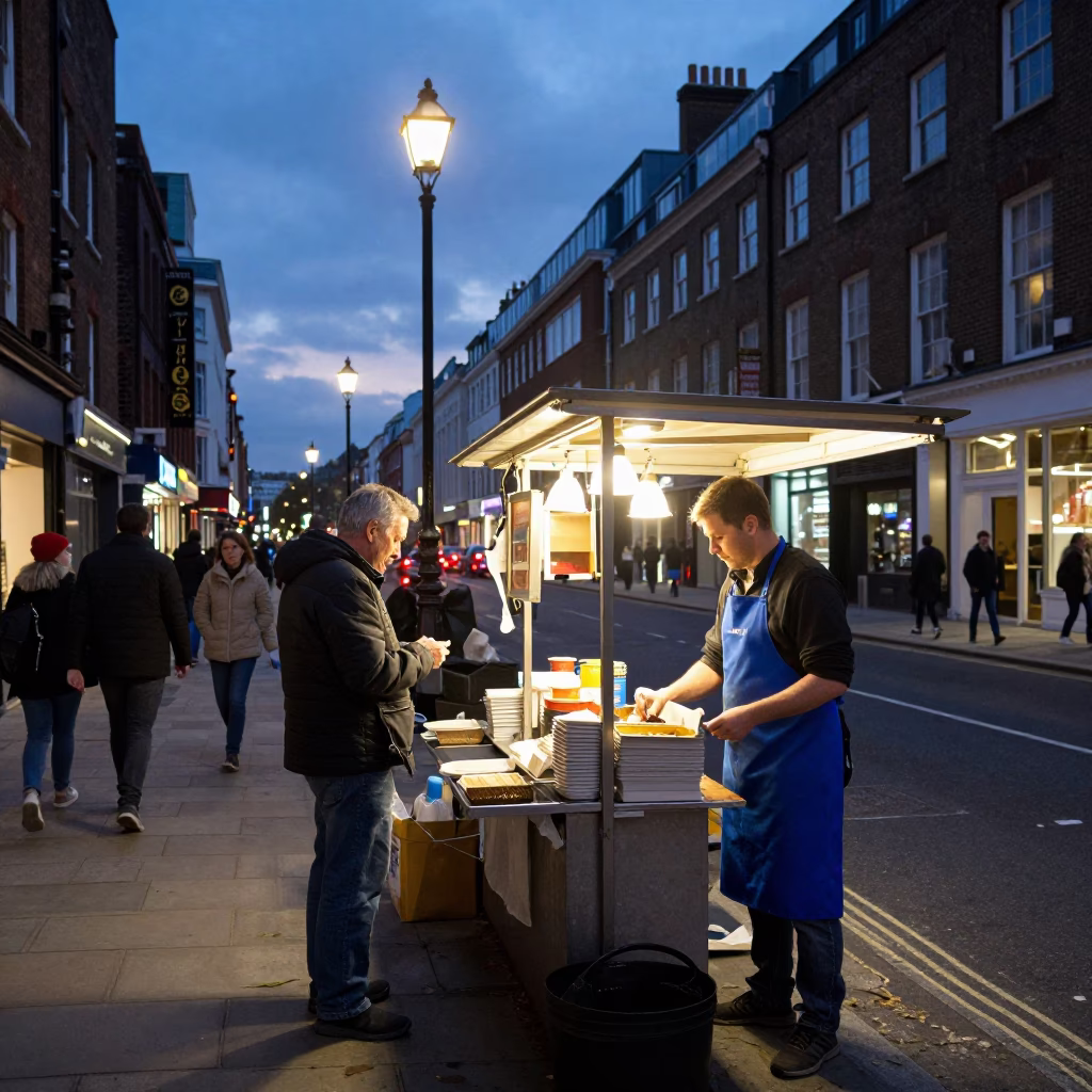 Twilight London Street Scene with Bell and Aprons in Urban Setting in in London, United Kingdom