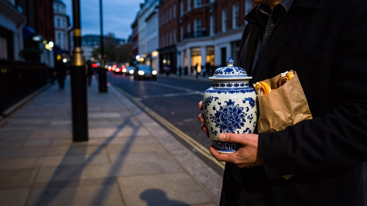 Twilight London Street Scene with Blue and White Porcelain Jar and Pastries in in London, United Kingdom
