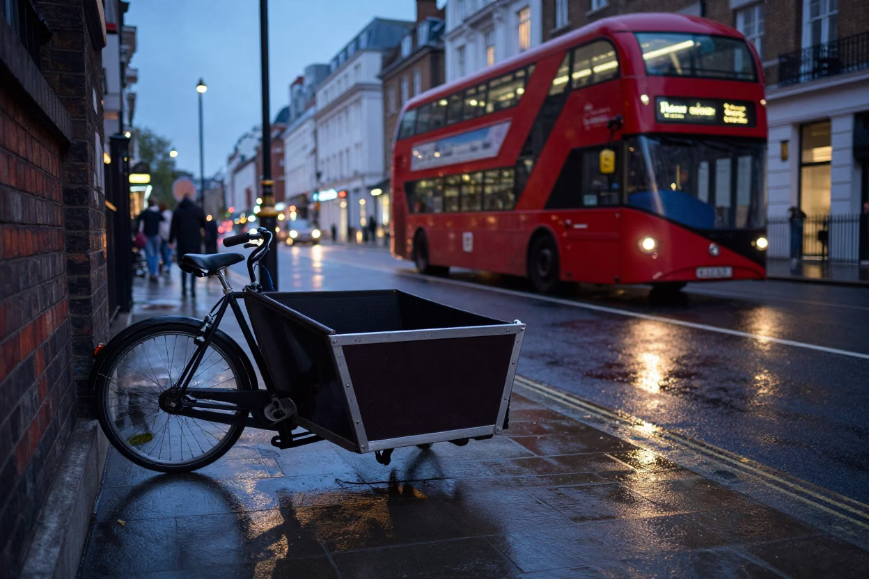 Twilight London Street Scene with Cargo Bicycle and Local Shop Display in in London, United Kingdom