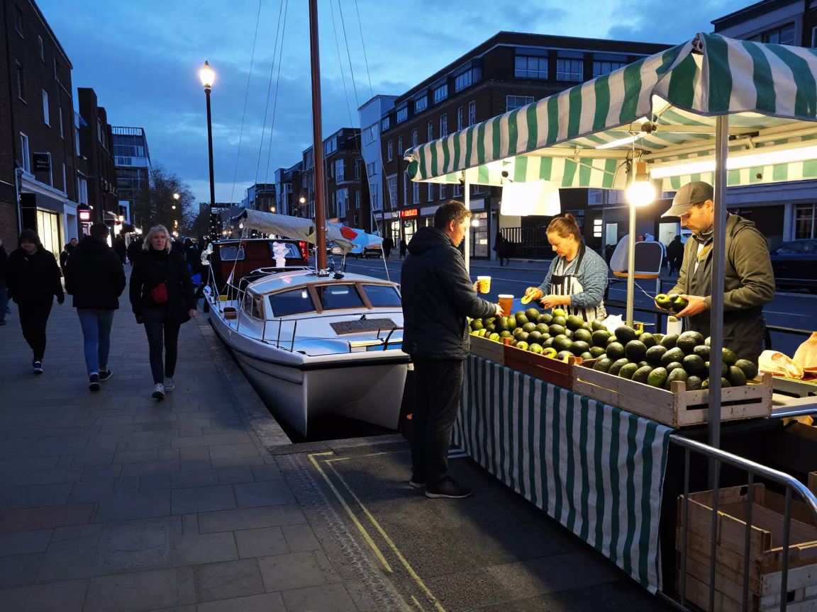 Twilight London Street Scene with Catamaran, Avocados, and Striped Fabric in in London, United Kingdom