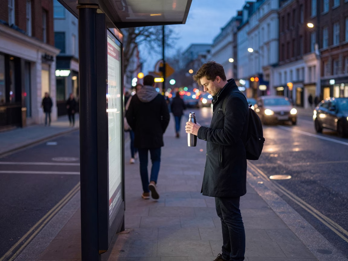 Twilight London Street Scene with Commuter Thermos and Urban Transit Atmosphere in in London, United Kingdom