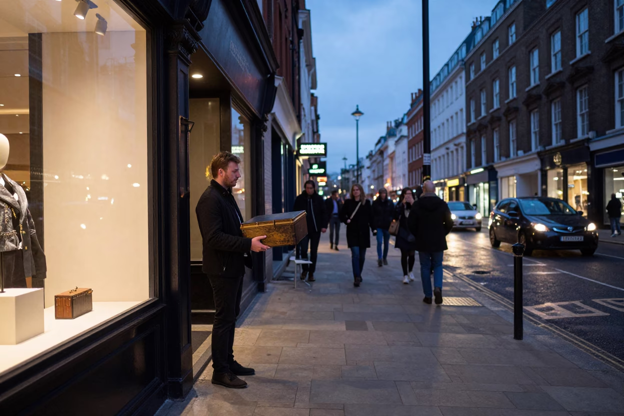 Twilight London Street Scene with Hatbox and Condensation on Urban Tiles in in London, United Kingdom