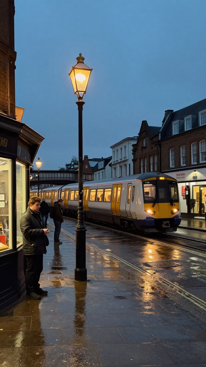Twilight London Street Scene with Lantern and Commuter Train Bridge Crossing in in London, United Kingdom