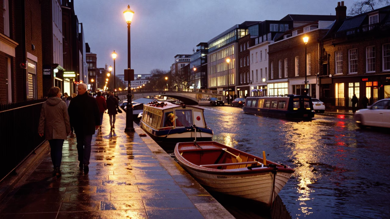 Twilight London Street Scene with Rowboat and Urban Activity in in London, United Kingdom