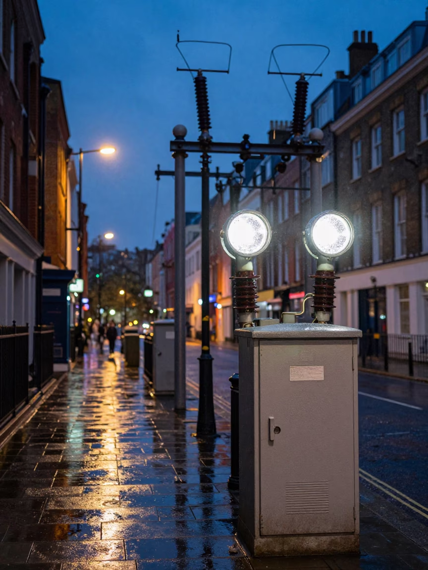 Twilight London Street Scene with Substation Insulators and Colorful Zinnias in Flower Boxes in in London, United Kingdom