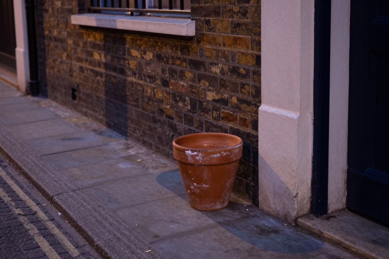 Twilight London Street Scene with Terracotta Pot and Paint Flecks on Doorframe in in London, United Kingdom