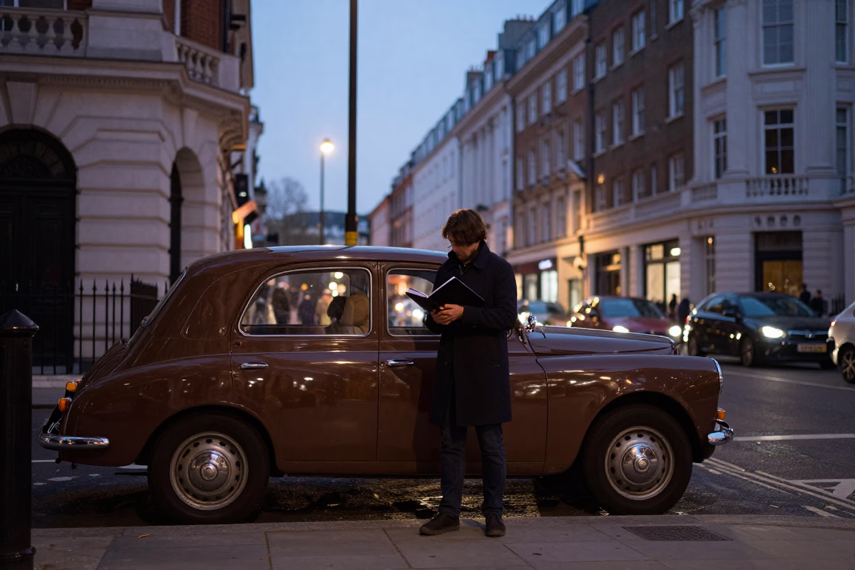 Twilight London Street Scene with Vintage Car and Urban Details in in London, United Kingdom