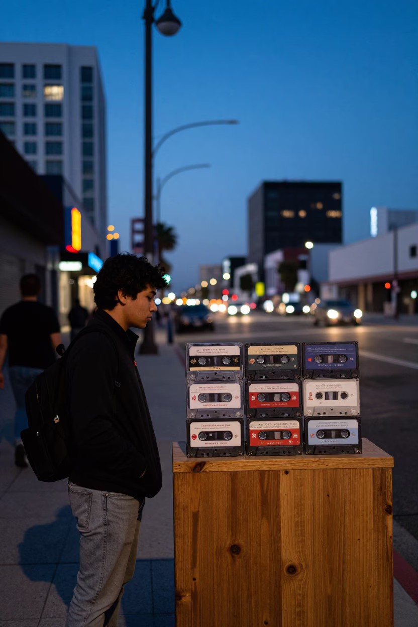 Twilight Los Angeles Street Scene with Cassette Tapes and Wooden Tray in in Los Angeles, California, United States