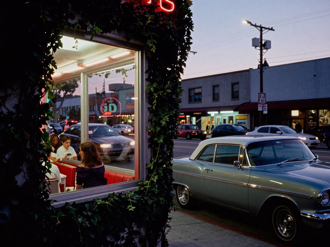 Twilight Los Angeles Street Scene with Diner Window and Ivy Vines in in Los Angeles, California, United States