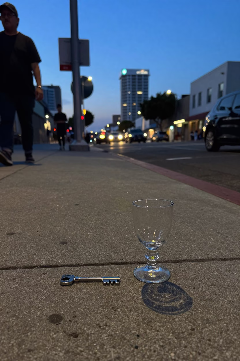 Twilight Los Angeles Street Scene with Key Blank and Goblet on Concrete Sidewalk in in Los Angeles, California, United States
