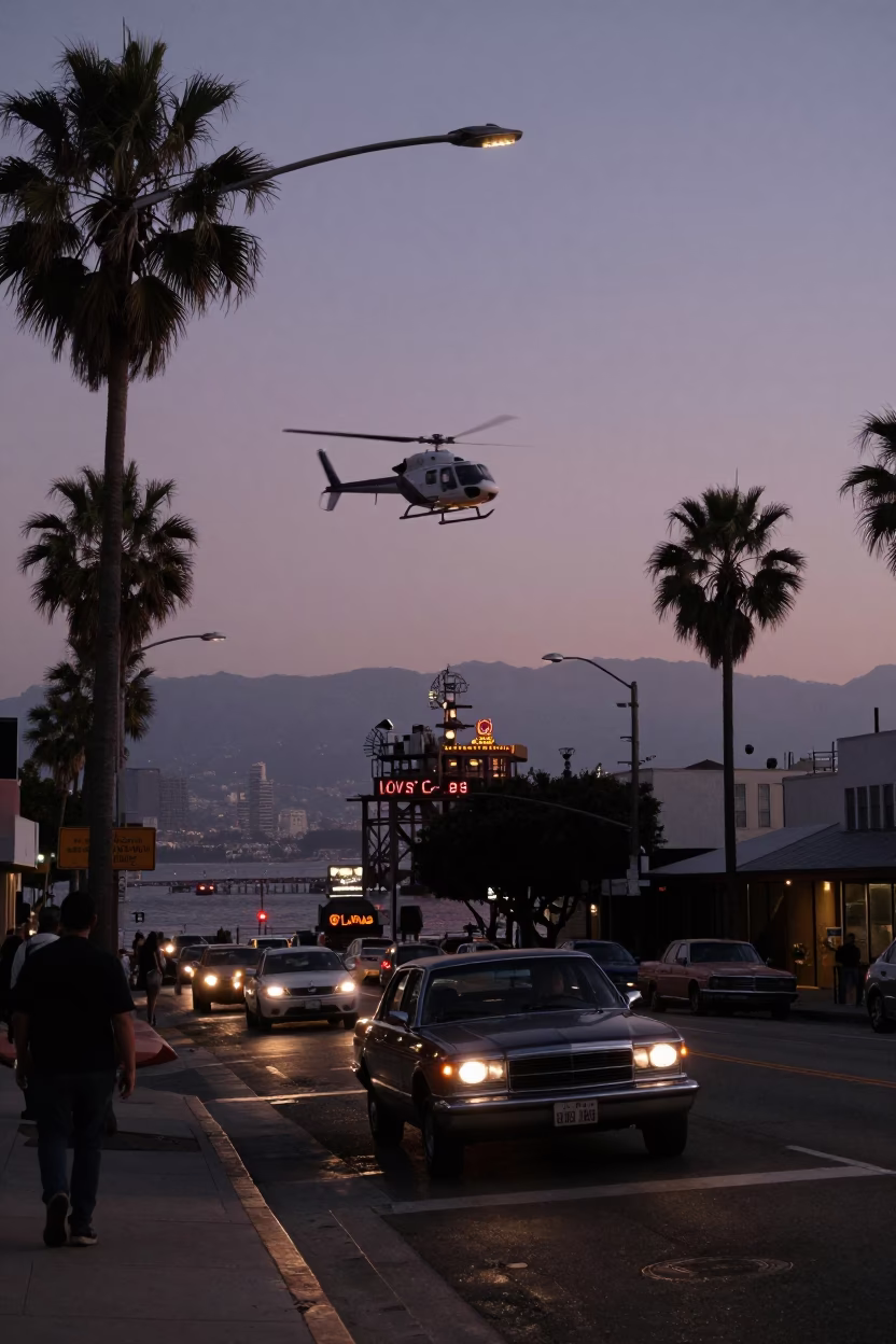Twilight Los Angeles Street Scene with Vintage Car and Helicopter Approach in in Los Angeles, California, United States