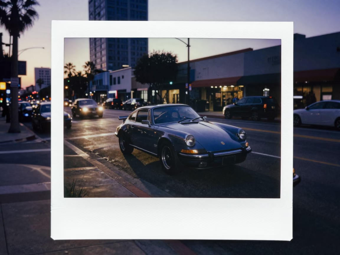 Twilight Los Angeles Street Scene with Vintage Sports Car and Local Details in in Los Angeles, California, United States