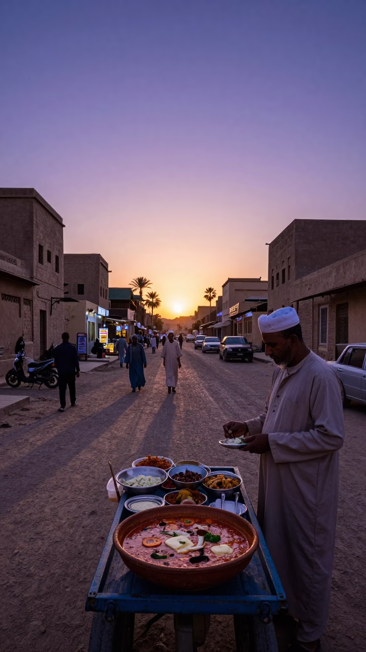 Twilight Luxor Egypt Street Scene with Traditional Food and Historic Architecture in in Luxor, Egypt