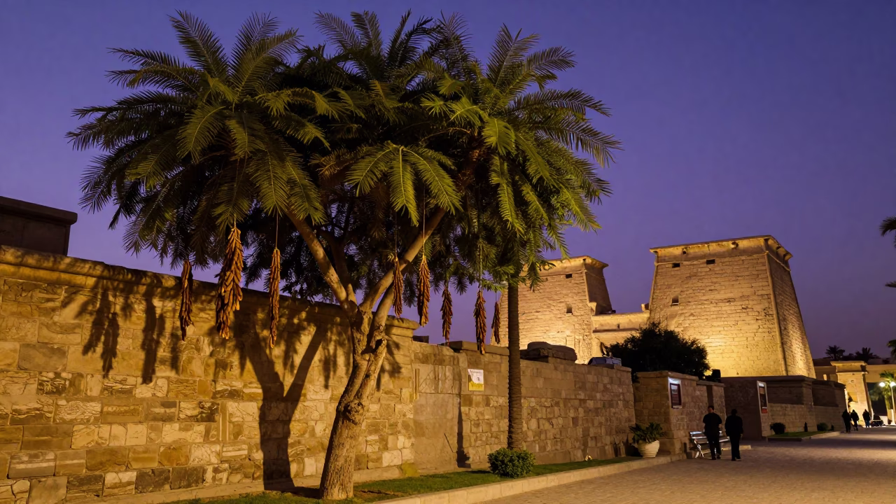 Twilight Luxor Street Scene with Tamarind Tree Shadows and Local Life in in Luxor, Egypt