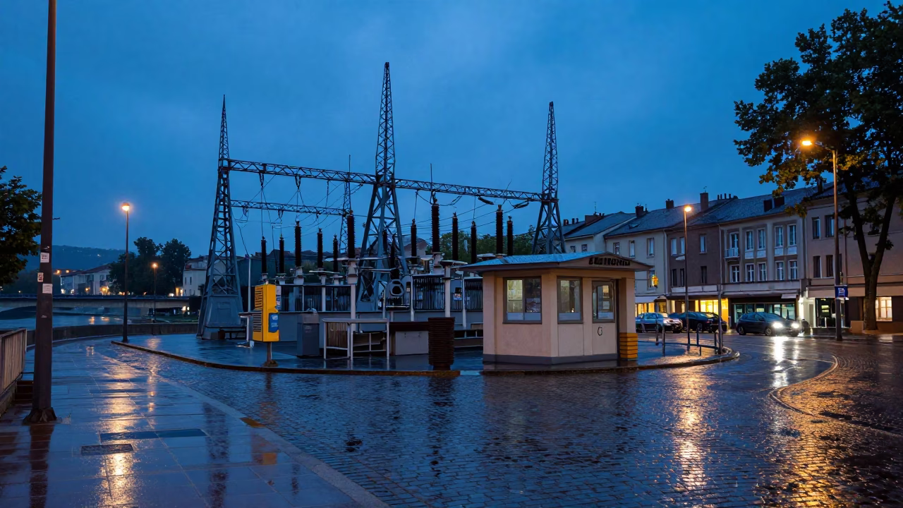 Twilight Lyon Street Scene with Rain-Slicked Pavement and Substation Insulators in in Lyon, France