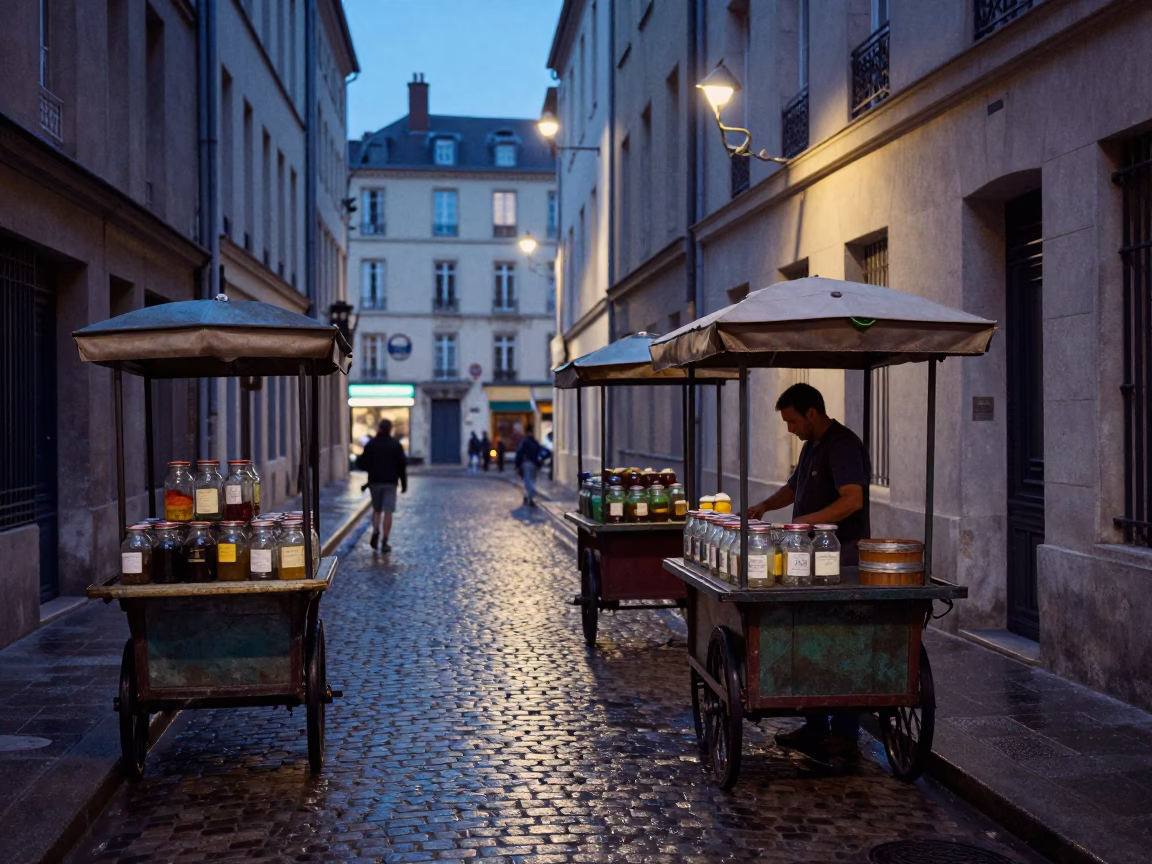 Twilight Lyon Street Scene with Vintage Rolling Carts and Local Market Activity in in Lyon, France