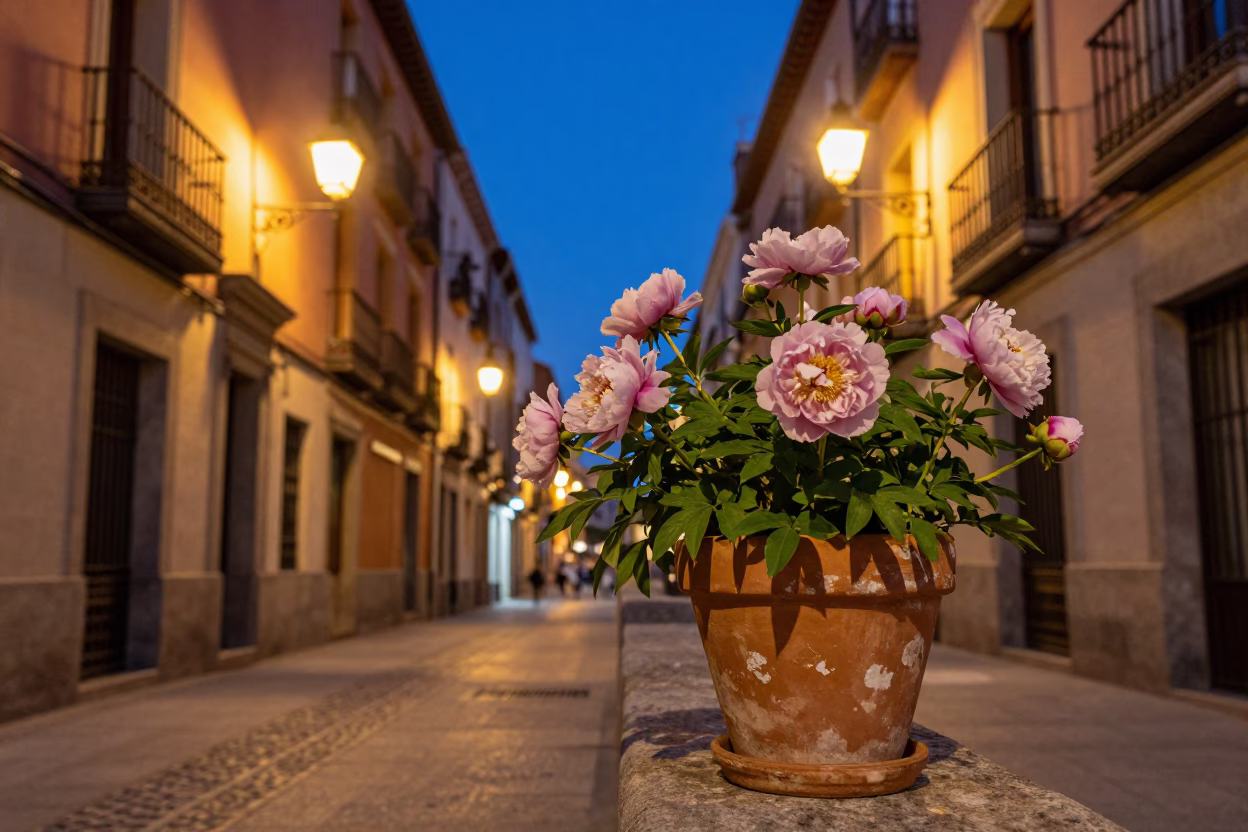 Twilight Madrid Spain Street Scene with Flowerpot and Peonies on Balcony in in Madrid, Spain