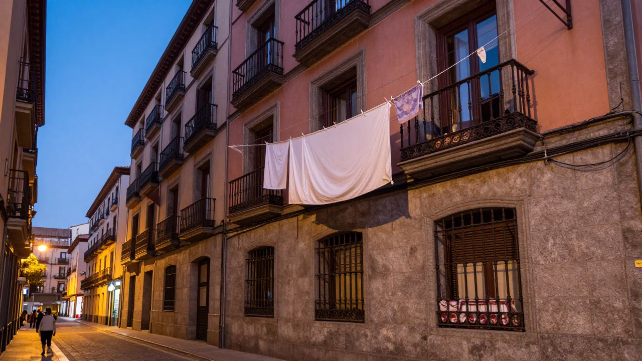 Twilight Madrid Street Scene with Balcony Laundry and Urban Details in in Madrid, Spain
