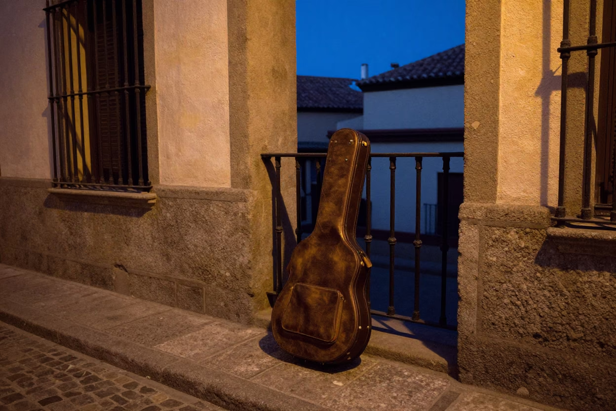 Twilight Madrid Street Scene with Guitar Case and Stone Architecture in in Madrid, Spain