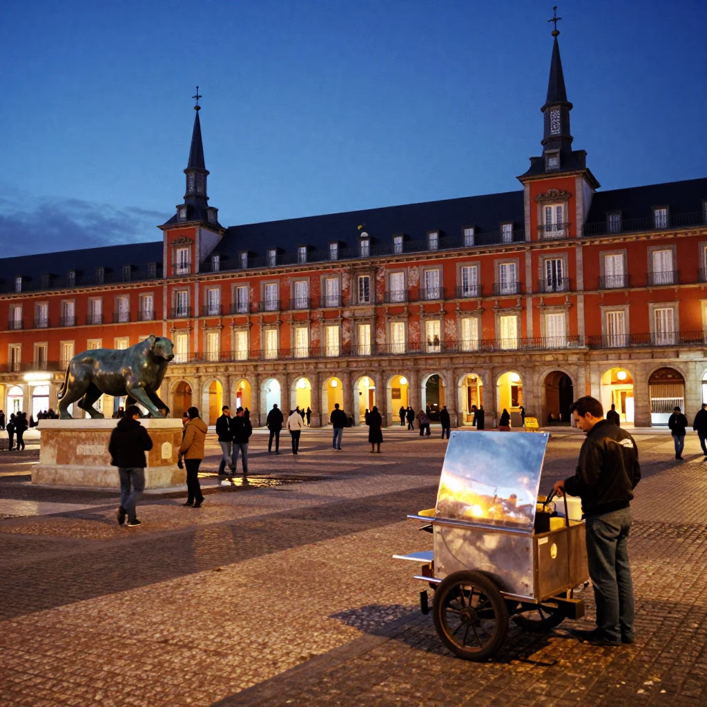 Twilight Madrid street scene with orange peel and glass carafe in in Madrid, Spain