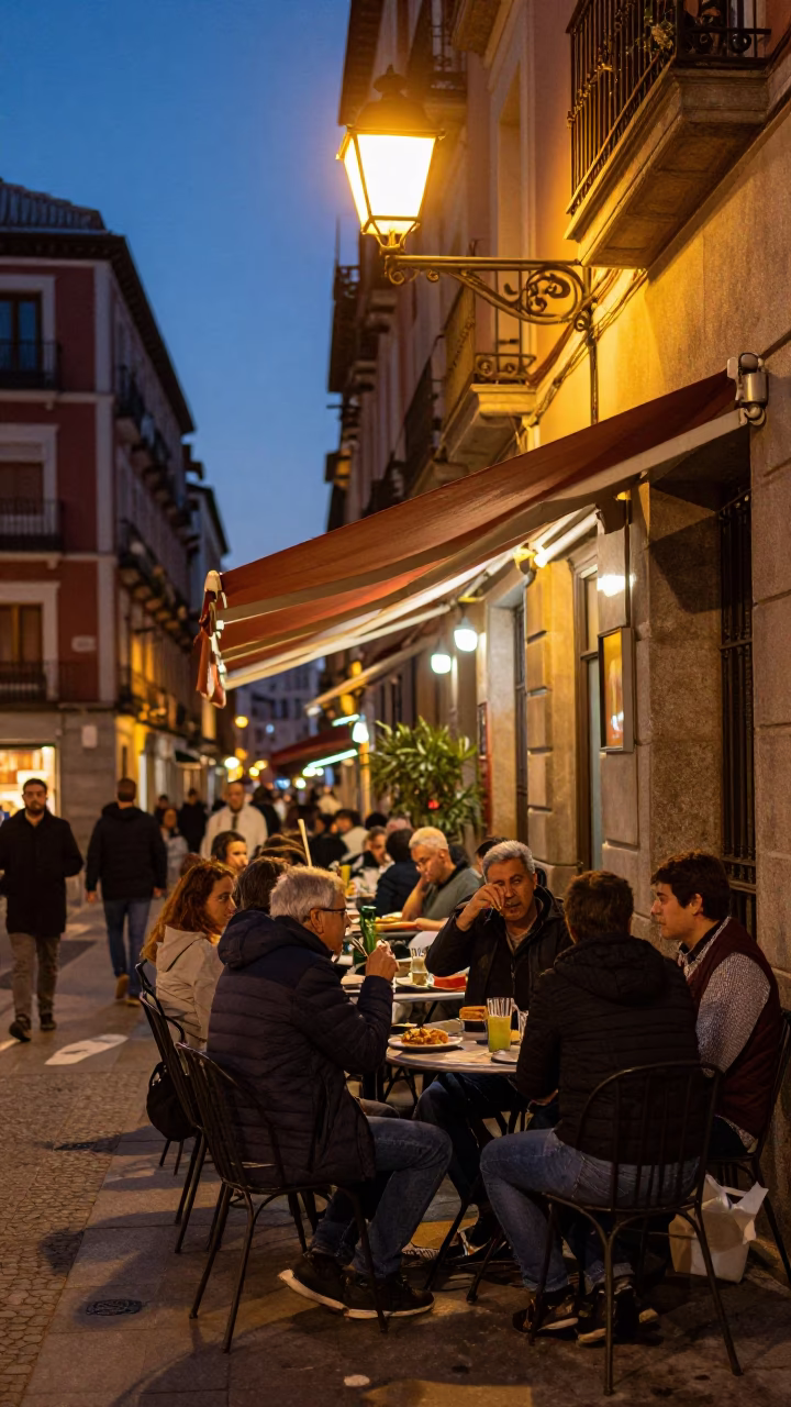 Twilight Madrid Street Scene with Vintage Cutlery and Local Dining Ambiance in in Madrid, Spain