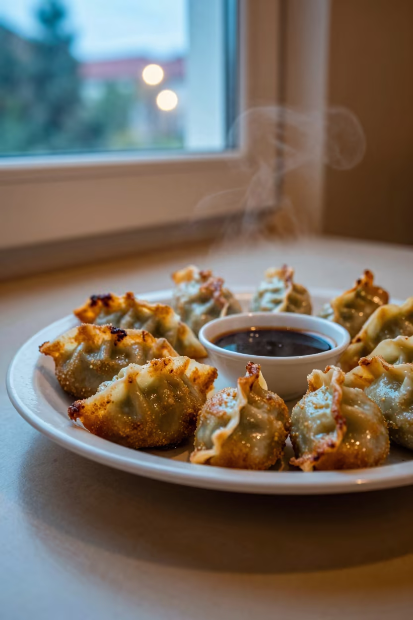 Twilight Mandu Dumplings Near Karaman Window in on a ceramic plate by a window in Karaman
