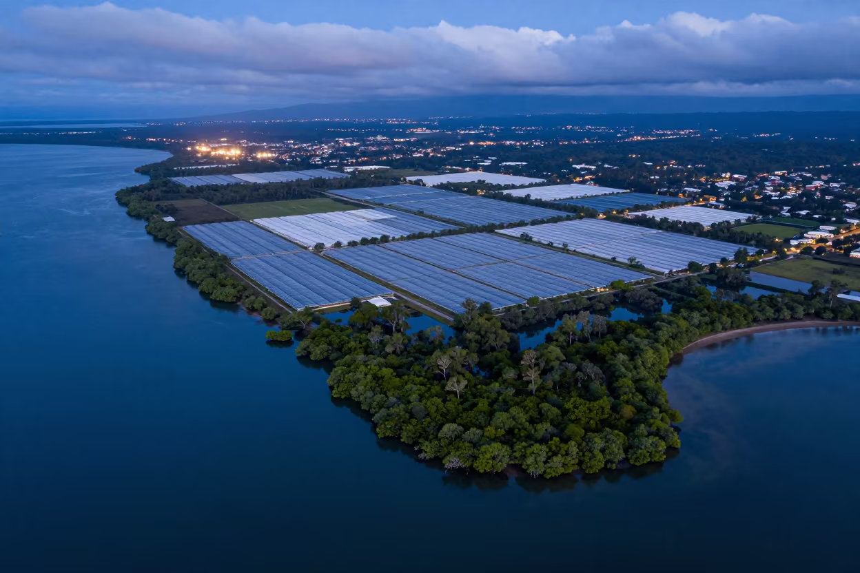 Twilight Mangrove Coastline Over Queensland Greenhouse Grids in high over greenhouse grids in Queensland