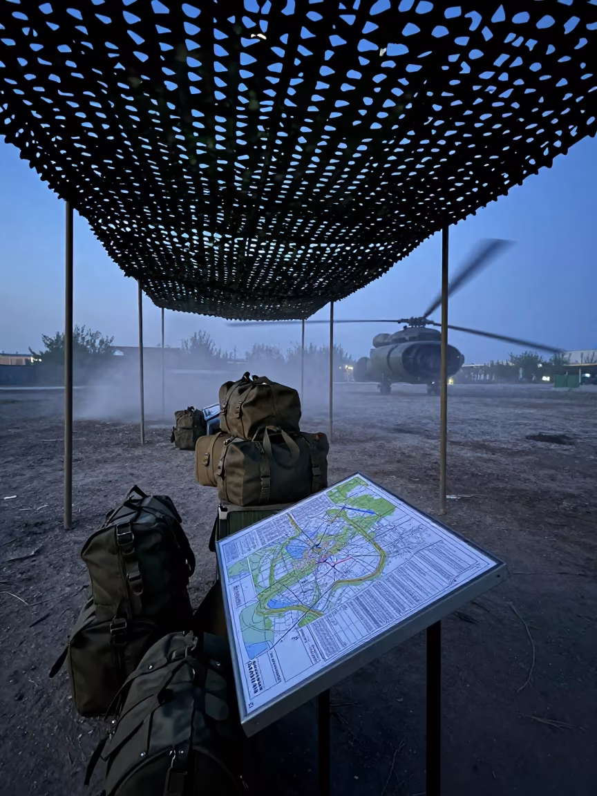 Twilight Map Table Under Camouflage Net Tashkent in beneath a camouflage net shelter in Tashkent