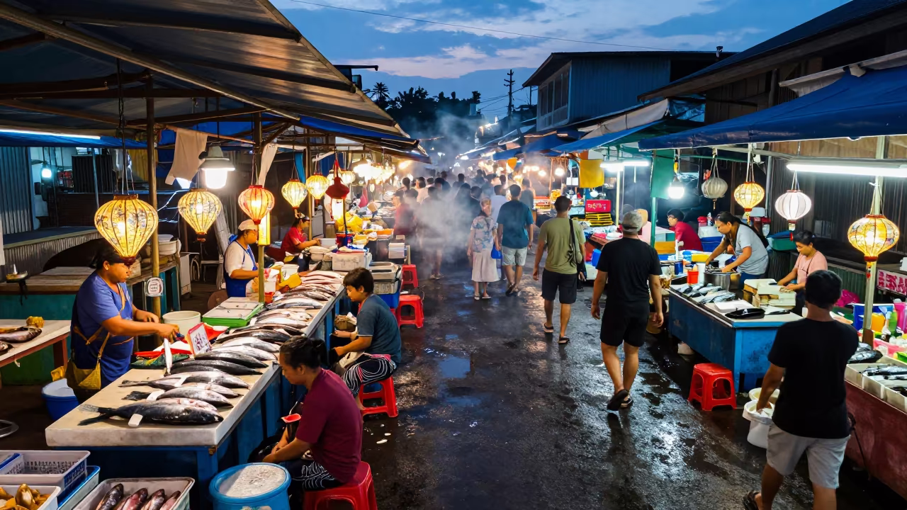 Twilight Market Lantern Sellers Above Damp Fish Stalls in beside a fish counter in Phuket