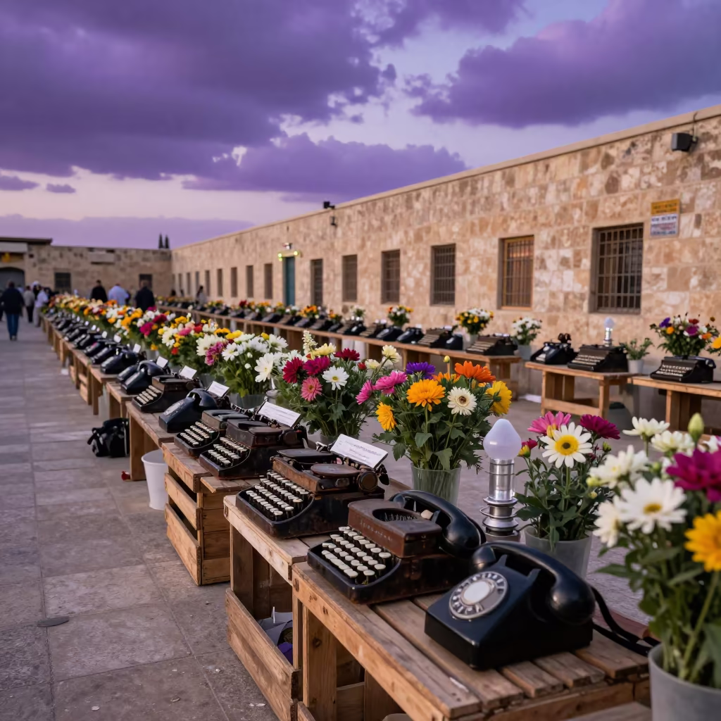Twilight Market Stall Typewriters Telephones Luxor in at a flower auction bench in West Bank, Luxor