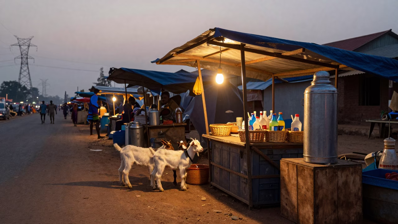 Twilight Market Stalls in Makurdi with Goats and Warm Light in in Makurdi