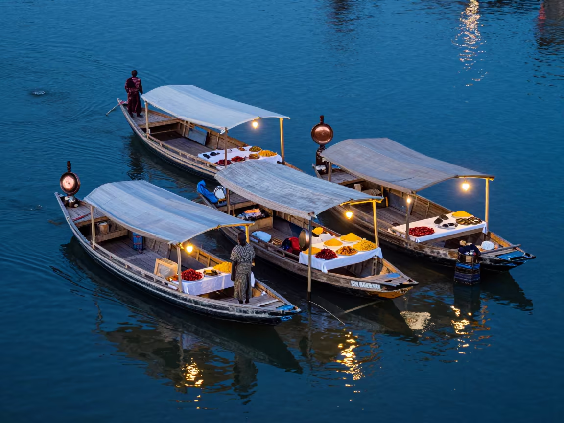 Twilight Market Stalls Over Water Addis Ababa in at a floating market boat in Addis Ababa