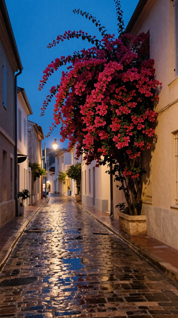 Twilight Marseille Street Scene with Bougainvillea and Puddle Reflections in in Marseille, France