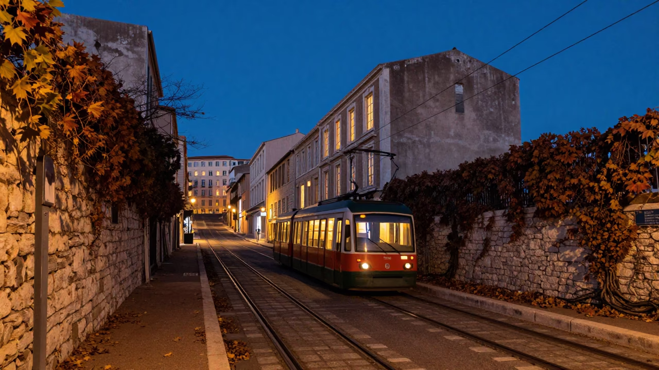 Twilight Marseille Street Scene with Funicular and Autumn Leaves in in Marseille, France