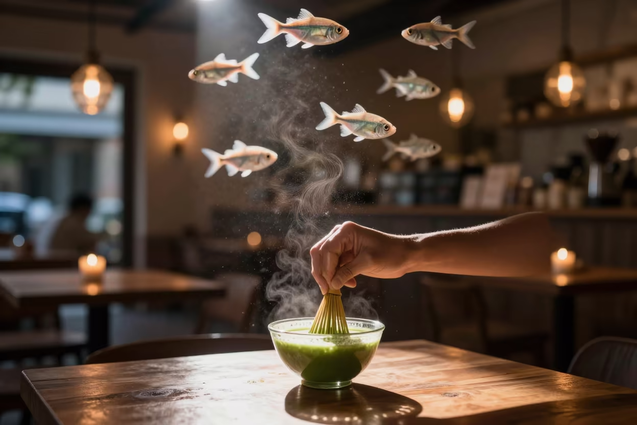 Twilight Matcha Whisk with Swimming Tropical Fish in on a small cafe table by a window in Yola