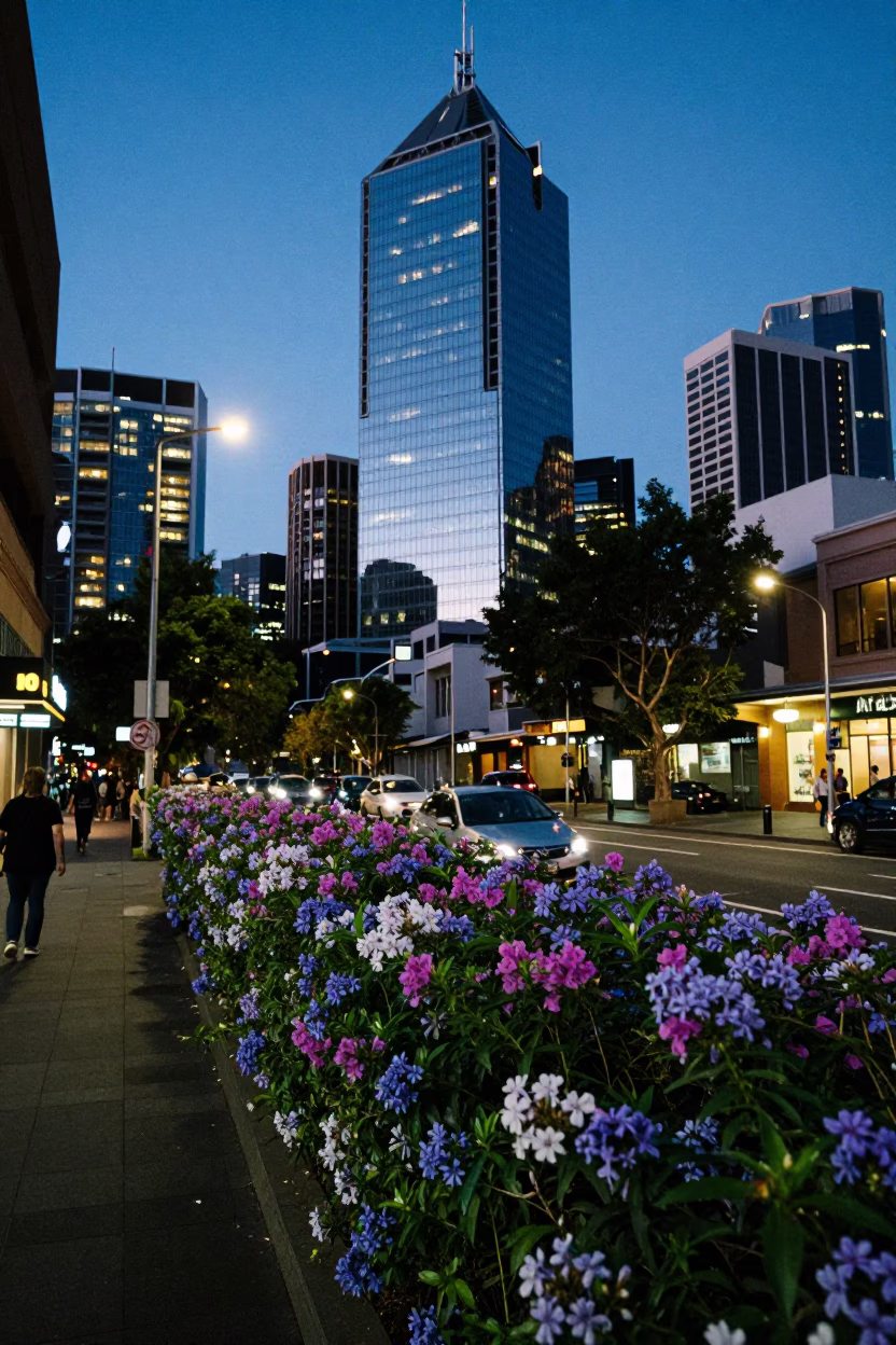 Twilight Melbourne Street Scene with Plumbago Hedge and Urban Reflections in in Melbourne, Victoria, Australia