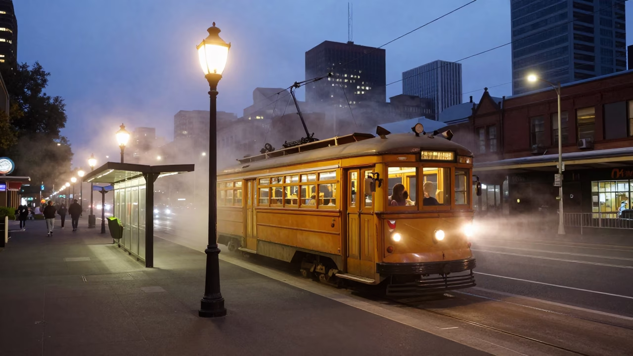 Twilight Melbourne Tram Stop with Steam Haze and Vintage Lantern Base in in Melbourne, Victoria, Australia