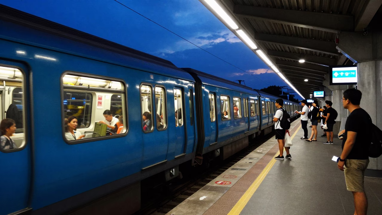 Twilight Metro Train Arrival at Art-Adorned Singapore Station with Condensation on Drain in in Singapore, Singapore