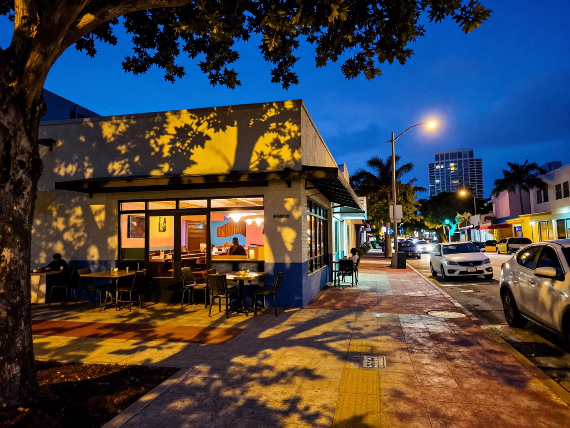 Twilight Miami Florida Street Scene with Leaf Shadows on Tiled Floor in in Miami, Florida, United States